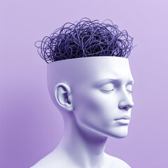 A sleek white 3D human head with an open top revealing a tangled wire brain, symbolizing mental health struggles and emotional chaos. Set against a calming pastel purple background.