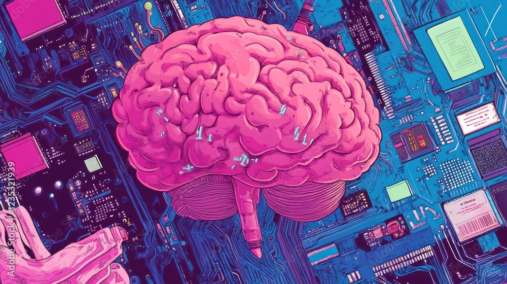 Poster pink brain interconnected with circuit board technology
