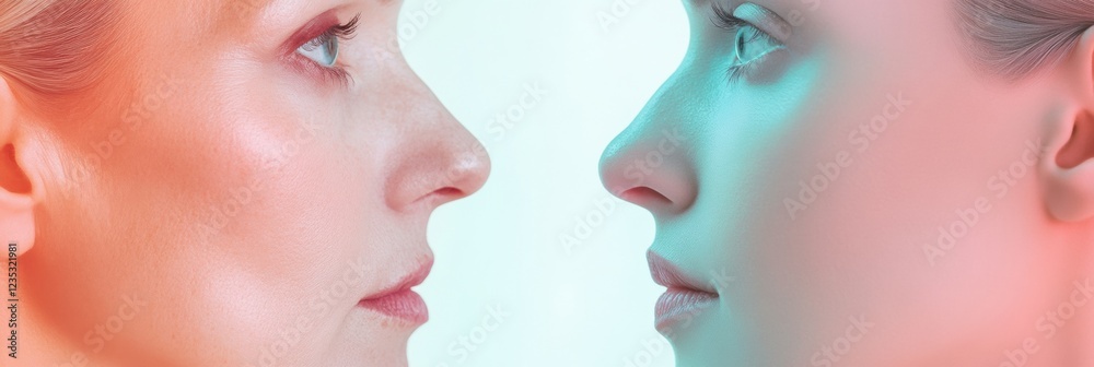 Poster contrasting ages with visible signs of aging and youthful smoothness observed in two faces side by s