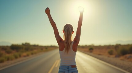 Obraz premium Woman Raise Arms to Stretch and Embrace the Sunlight.