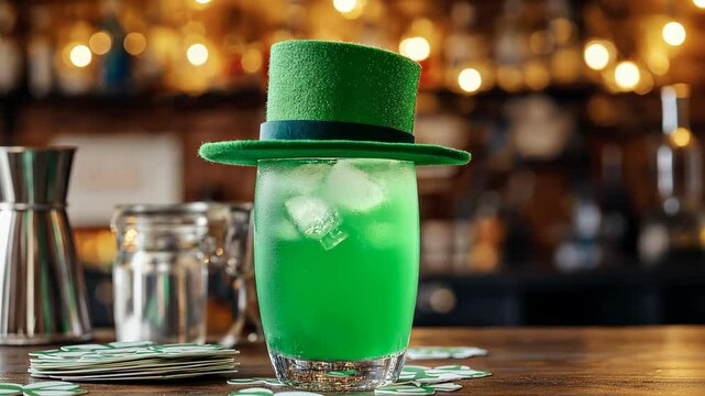A vibrant green cocktail in a festive Irish setting, surrounded by bar tools and a celebratory St. Patrick Day atmosphere. 