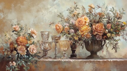 Still Life with Roses and Crystal Goblets A Romantic Floral Arrangement