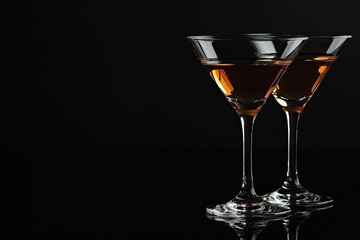Elegant Martini Glasses with Dark Cocktail on Black Background