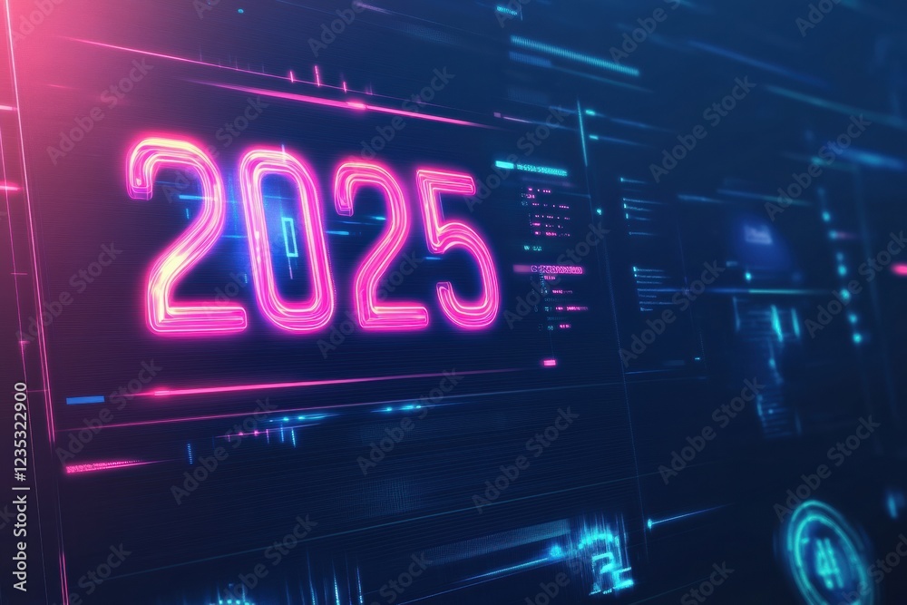 Poster futuristic digital calendar showcasing the year 2025 with glowing neon aesthetics and advanced techn