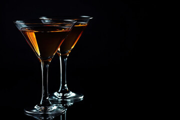 Elegant Martini Glasses with Dark Cocktail on Black Background