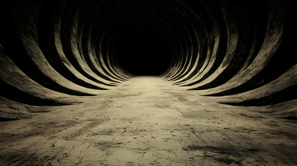 Dark spiral tunnel, concrete texture, mysterious path, background darkness, abstract design
