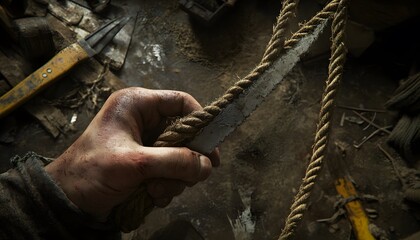 A bloodied hand cuts a thick rope with a blade