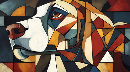 Abstract geometric painting of a dog in cubist style with neutral and warm tones. Cubist Abstraction. Illustration