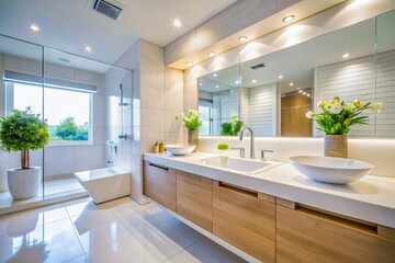 Fototapeta premium Modern Minimalist White Bathroom Close-Up: Clean Lines & Luxurious Design