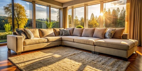 Fototapeta premium Modern Sectional Sofa in Sunlit Living Room