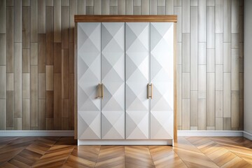 Modern White Wooden Wardrobe with Geometric Design - Stylish Bedroom Storage Solution