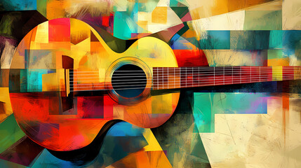 Colorful guitar illustration cubist style picture. Cubist Abstraction. Illustration