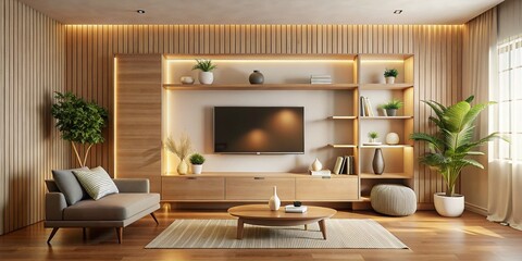 Modern Wooden TV Unit with Integrated Shelving & Soft Lighting in Contemporary Living Room