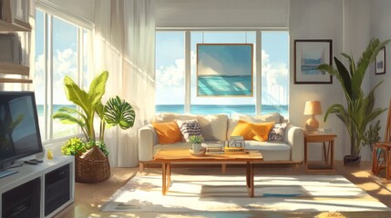 Sunlit Coastal Living Room Tranquil Beach House Interior Design