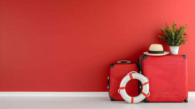 Red suitcases, hat, life preserver against red wall. Travel planning