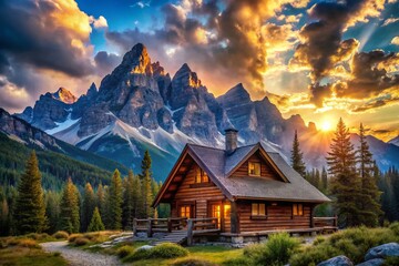 Fototapeta premium Mountaintop Cabin Retreat with Serene Cloudy Sky