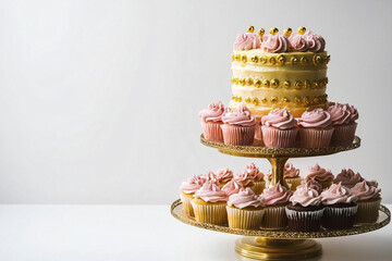 dessert table with tiered cake and cupcakes in pink and gold theme