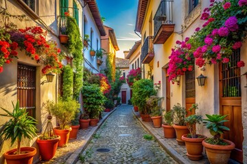 Narrow Granada Street: Spanish Downtown Alleyway Architecture Photography