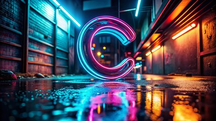 Neon Sign 'C' Letter Glowing in Dark Alley - Low Light Photography Stock Photo