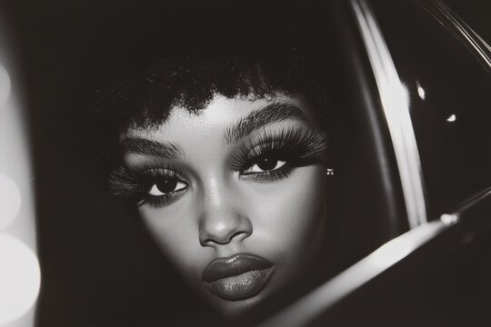 Fototapeta A close-up black and white photography of Jorja Smith in the backseat of her car with her big eyelashes and afro hairstyle, staring at the camera.