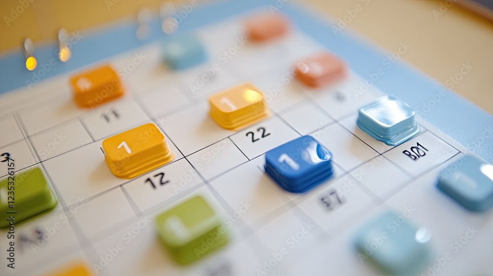 Fototapete a close-up of a calendar marked with color-coded priorities, symbolizing structured task handling.