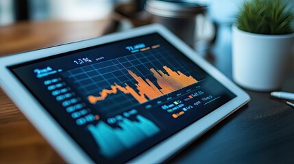 A clean workspace with a progress chart on a tablet, showing strategic task waiting.