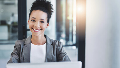 Happy, professional and portrait of businesswoman in office with company revenue, profit or...