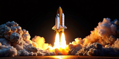 Obraz premium Night Launch: Isolated Rocket Ascending Against White Background