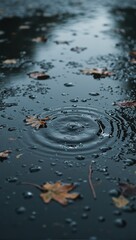 Raindrops forming ripples on puddle with floating leaves