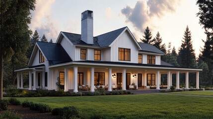 A contemporary farmhouse with a spacious wraparound porch and green surroundings.