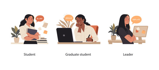 Collection of scenes illustrating the stages of personal and professional development. A student engaged in learning, a graduate student analyzing information.