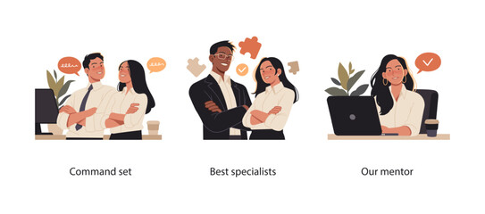 Collection of scenes representing teamwork, expertise, and mentorship. Confident professionals collaborate in a modern office, showcasing leadership, skill, and guidance.