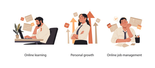 Collection of scenes illustrating career development and digital work management. Professionals engage in online learning, focus on personal growth, and efficiently organize job-related tasks.