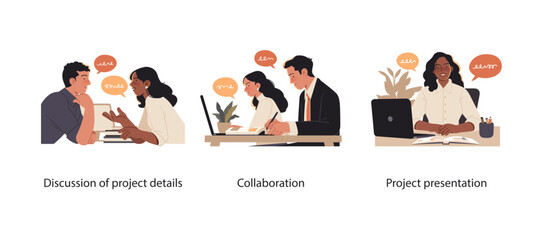 Collection of scenes illustrating teamwork and project execution. Professionals discussing project details, collaborating on tasks, and presenting final results in a business environment.