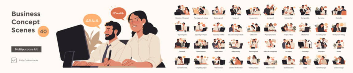A collection of 40 business concept illustrations depicting various workplace activities, teamwork. Scenes of meetings, collaboration, project planning, workflow organization, leadership.