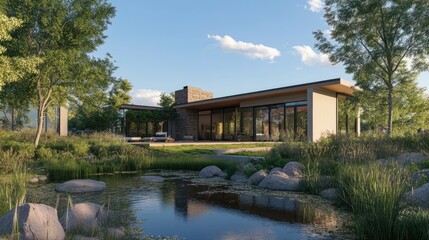 Obraz premium A contemporary house with a large backyard, mature trees, and a peaceful pond.