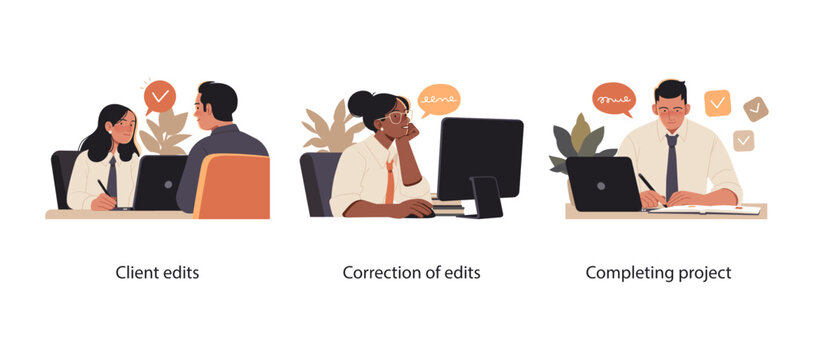 Collection of scenes illustrating project refinement and completion. Professionals discussing client edits, making necessary corrections, and finalizing work in a productive office environment.