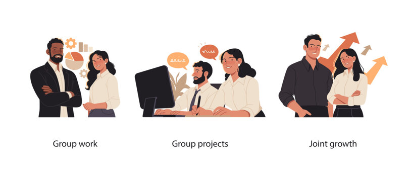 Collection of scenes highlighting teamwork, project collaboration, and professional growth. Colleagues working together, planning projects, and achieving business success in a corporate setting.