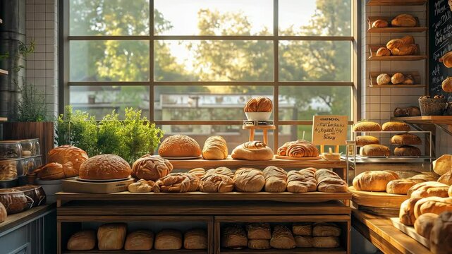A charming bakery with rustic wooden shelves, filled with fresh bread and pastries, illuminated by inviting natural light. 