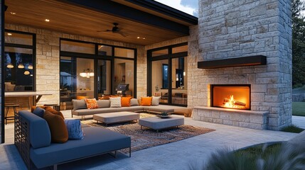Fototapeta premium A cozy rooftop lounge with an outdoor fireplace and modern seating arrangements.
