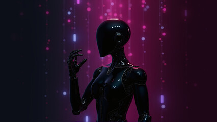 Fototapeta premium Sleek futuristic AI robot stands in front of a digital environment with glowing neon lights and data streams