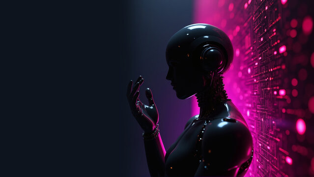 3d humanoid AI robot with hand raised posing in the dark against a bright digital neon pink stream of data in the backdrop