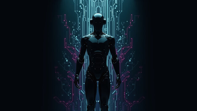 Sleek futuristic robot stands in front of an abstract digital backdrop, representing data and artificial intelligence