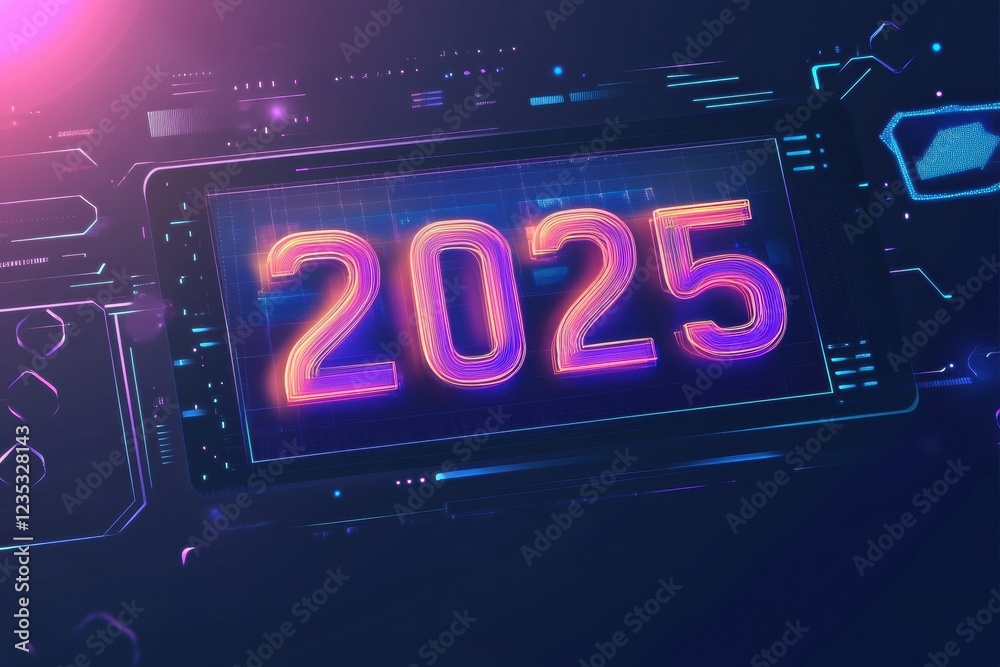 Aufkleber futuristic digital calendar showcasing the year 2025 with vibrant colors and sleek design elements. 