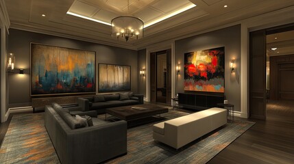 Fototapeta premium A designer living room with plush furniture, abstract art, and soft lighting.