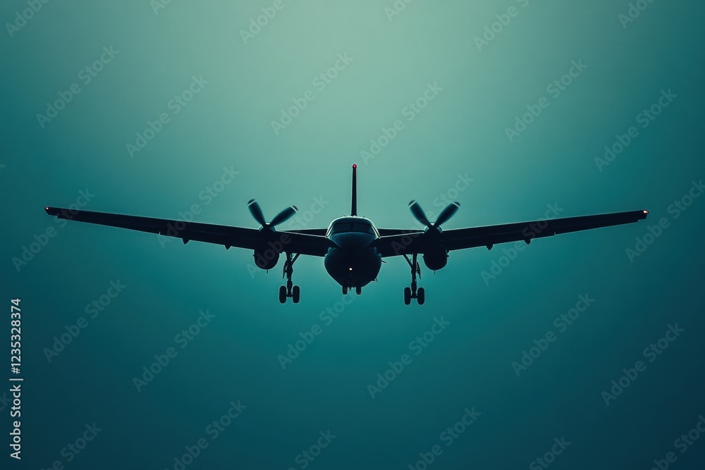 Poster Elegant silhouette of an airplane in flight against a soft gradient sky during twilight hours. Generative AI