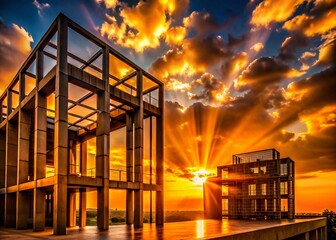 Obraz premium Orange Sunset with Light Rays Illuminating an Architectural Wonder