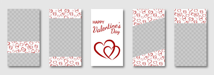 Valentine's Day social media templates design, set of background for banner, flyer, card with doodle hearts en red, white tones. vector illustration for poster, frame, stories, story post. copy space