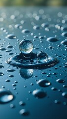 Abstract water droplets create fisheye reflections on glossy surface