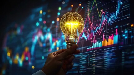 Strategy business planning ideas for investment and financial. glowing light bulb with futuristic graphic icon in hand.